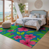 Vibrant Tropical Pink Floral Washable Area Rug - Low Pile & Non-Slip