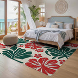 ODIKA Tropical Floral Red & Green Washable Area Rug - Low Pile Non-Slip Pet & Kid Friendly Carpet