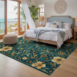 ODIKA Washable Teal and Gold Floral Area Rug - Vintage Low Pile Non-Slip Carpet