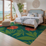ODIKA Washable Tropical Botanical Area Rug - Teal & Orange Vibrant Low Pile Non-Slip Floor Mat