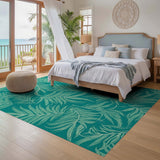 ODIKA Washable Teal Tropical Palm Leaf Area Rug, Non-Slip Low Pile Rug