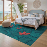 ODIKA Tropical Teal Botanical Washable Area Rug - Low Pile & Non-Slip Floral Decor