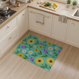 Vibrant Teal Floral Area Rug with Sunflowers Daisies Tulips