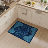 ODIKA Blue Octopus Nautical Washable Area Rug - Low Pile Non-Slip, Pet & Kid Friendly