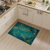 Washable Teal Underwater Botanical Fish Area Rug - Low Pile & Non-Slip