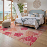 Vibrant Pink Hibiscus Tropical Washable Area Rug - Low Pile, Non-Slip & Pet Friendly