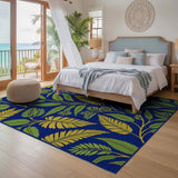 ODIKA Washable Navy Blue Tropical Leaf Area Rug - Low Pile Non-Slip Botanical Carpet