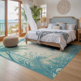 Washable Tropical Palm Tree Area Rug - Teal & Cream Coastal Low Pile Non-Slip Rug
