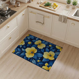 Vibrant Yellow Flowers on Navy Blue Leaves Rug
