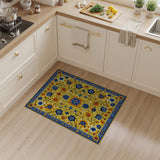 ODIKA Washable Yellow and Blue Floral Bohemian Area Rug - Low Pile & Non-Slip