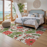 ODIKA Washable Art Nouveau Floral Area Rug - Vintage Red & Sage Green Low Pile Non-Slip Carpet