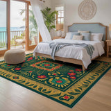 ODIKA Washable Emerald Green Floral Area Rug - Low Pile Art Nouveau Non-Slip Rug