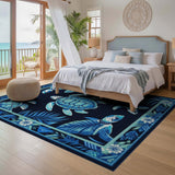 ODIKA Blue Sea Turtle Washable Area Rug - Low Pile Non-Slip Coastal Decor
