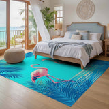 ODIKA Tropical Flamingo Washable Area Rug - Low Pile Non-Slip Teal Coastal Carpet