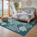 ODIKA Coastal Sea Shell Washable Area Rug - Teal Blue Nautical Low Pile Non-Slip Rug