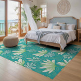 ODIKA Teal Botanical Floral Washable Area Rug - Low Pile Non-Slip