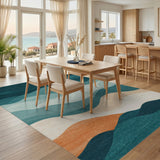 ODIKA Washable Abstract Coastal Wavy Area Rug - Modern Teal & Terracotta Low Pile Non-Slip Rug