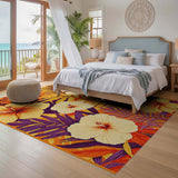 ODIKA Tropical Hibiscus Washable Area Rug - Orange & Yellow Palm Floral, Low Pile Non-Slip