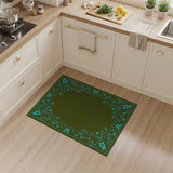 Ornate Teal Floral Border Olive Green Area Rug