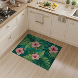 Teal Hibiscus Palm Leaves Coastal Area Rug