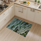 Teal Waves Crashing on Mossy Rocks Area Rug
