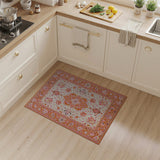 ODIKA Washable Oriental Area Rug - Orange & Pink Floral Medallion, Low Pile Non-Slip Pet Friendly Rug