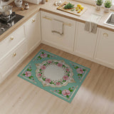 Ornate Pink Hibiscus Teal Frame Area Rug
