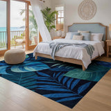 ODIKA Blue Tropical Monstera Leaf Washable Rug - Low Pile Non-Slip Area Rug
