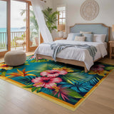 ODIKA Tropical Hibiscus Washable Rug - Vibrant Floral Low Pile Area Rug