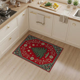 Vintage Christmas Tree Washable Area Rug - Red & Green Non-Slip Holiday Decor