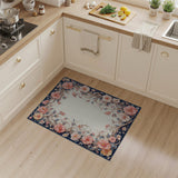 Washable Vintage Floral Border Area Rug, Navy & Blush Pink Low Pile