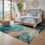 ODIKA Washable Coastal Coral Reef Area Rug - Non-Slip Low Pile Teal & Coral Pink Decor
