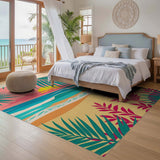 ODIKA Tropical Sunset Beach Washable Area Rug, Low Pile Non-Slip Retro Palm Leaf Indoor Rug