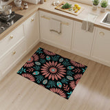 Coral Pink Sunflower Teal Leaf Black Area Rug