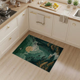 Misty Green Mountains Area Rug with Golden Moon and Crane
