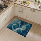 Washable Blue Abstract Ocean Wave Area Rug - Low Pile & Non-Slip