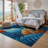 ODIKA Washable Tropical Leaf Area Rug - Non-Slip Low Pile Botanical Blue & Orange Rug