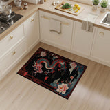 Washable Black Oriental Dragon & Peony Low Pile Area Rug