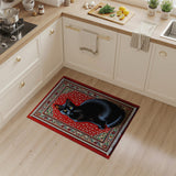 Black Cat on Red Dotted Persian Rug