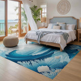 ODIKA Washable Ocean Wave Area Rug - Low Pile Non-Slip Blue Coastal Marine Rug