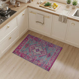 Vibrant Pink Border Teal Geometric Tribal Area Rug