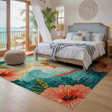 ODIKA Vintage Surf & Hibiscus Washable Rug - Non-Slip Tropical Low Pile Area Rug