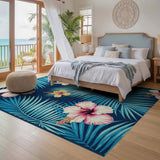 ODIKA Tropical Hibiscus & Palm Leaf Machine Washable Rug - Non-Slip, Low Pile, Robot Vacuum Friendly Area Rug