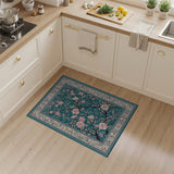 ODIKA Washable Teal Floral Area Rug - Pink Cherry Blossom Traditional Low Pile Non-Slip Rug