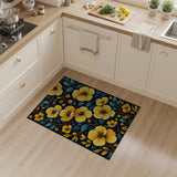Vibrant Yellow Floral Teal Leaves Black Area Rug