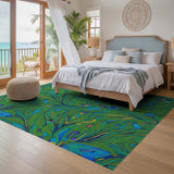 ODIKA Washable Teal Botanical Abstract Area Rug - Low Pile, Non-Slip, Pet & Kid Friendly