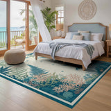ODIKA Washable Botanical Ocean Fern Rug - Teal & Coral Vintage Aquatic Low Pile Area Rug