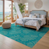 ODIKA Washable Teal Tropical Leaf Area Rug - Non-Slip & Low Pile Botanical Rug