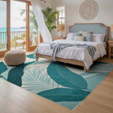 ODIKA Teal Tropical Palm Washable Rug - Non-Slip Low Pile Area Rug