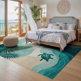 ODIKA Washable Sea Turtle & Palm Leaf Teal Coastal Area Rug - Non-Slip Low Pile